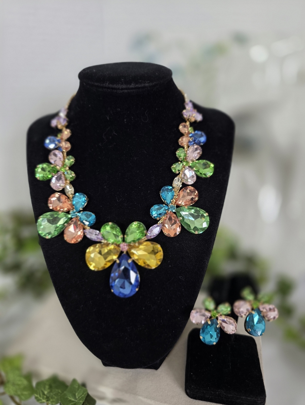 Gold Multicolor Crystal Floral Statement Necklace & Earring Set